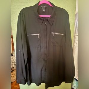 Miss Lili Hidden Zipper Long Sleeve Blouse, 2 Zipper Breast Pockets & Roll Tabs